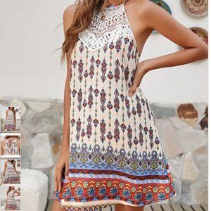 Lucklisa Apricot Scarf Print Lace-detail Halter Dress, sz Medium